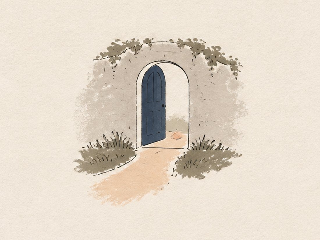 A hand-painted garden door standing open, with a path leading through it